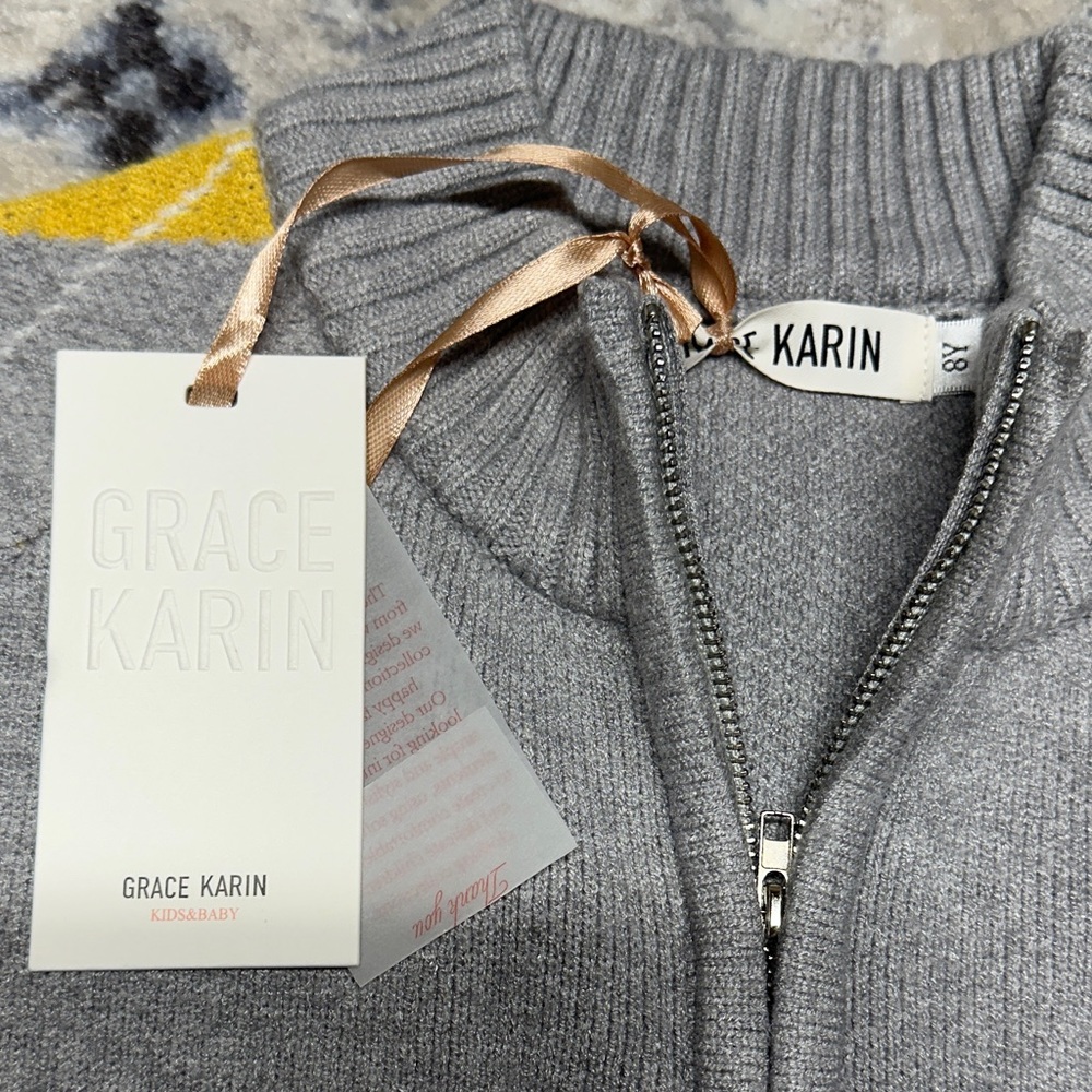 Grace Karin Kids Argyle Sweater NWT Gray Knit Pullover Half Zip Unisex Size 8 - Picture 3 of 6
